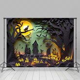 Aperturee Aperturee Spooky Halloween Night Photography Backdrop Paper Cutout Forest Silhouette with Full Moon and Jack O’ Lanterns